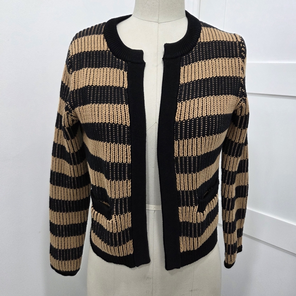Banana Republic Women's Jacquard Black & Tan Striped Open Sweater Jacket. Size S